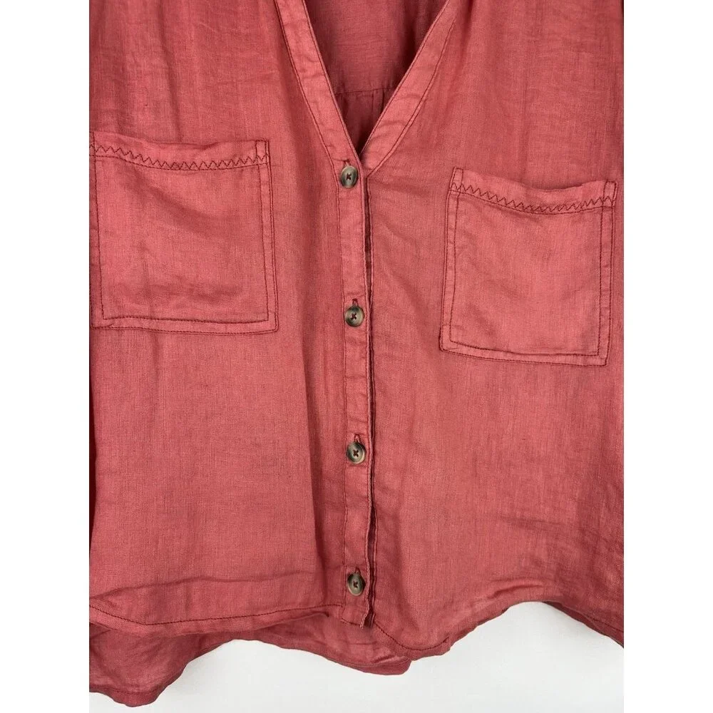 PILCRO Anthropologie Size M 100% Linen Surf Button Down Short Sleeve Shirt Pink - Picture 11 of 13